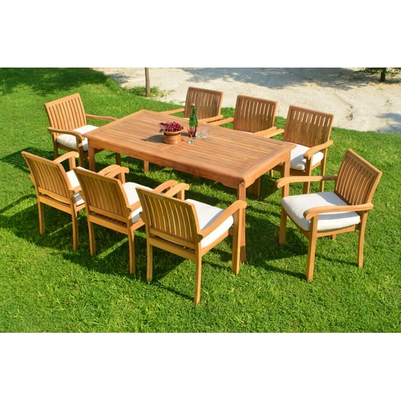 Teak Dining Set:8 Seater 9 Pc -71" Rectangle Table And 8 Stacking Napa Arm Chairs Outdoor Patio Grade-A Teak Wood WholesaleTeak #WMDSNP8