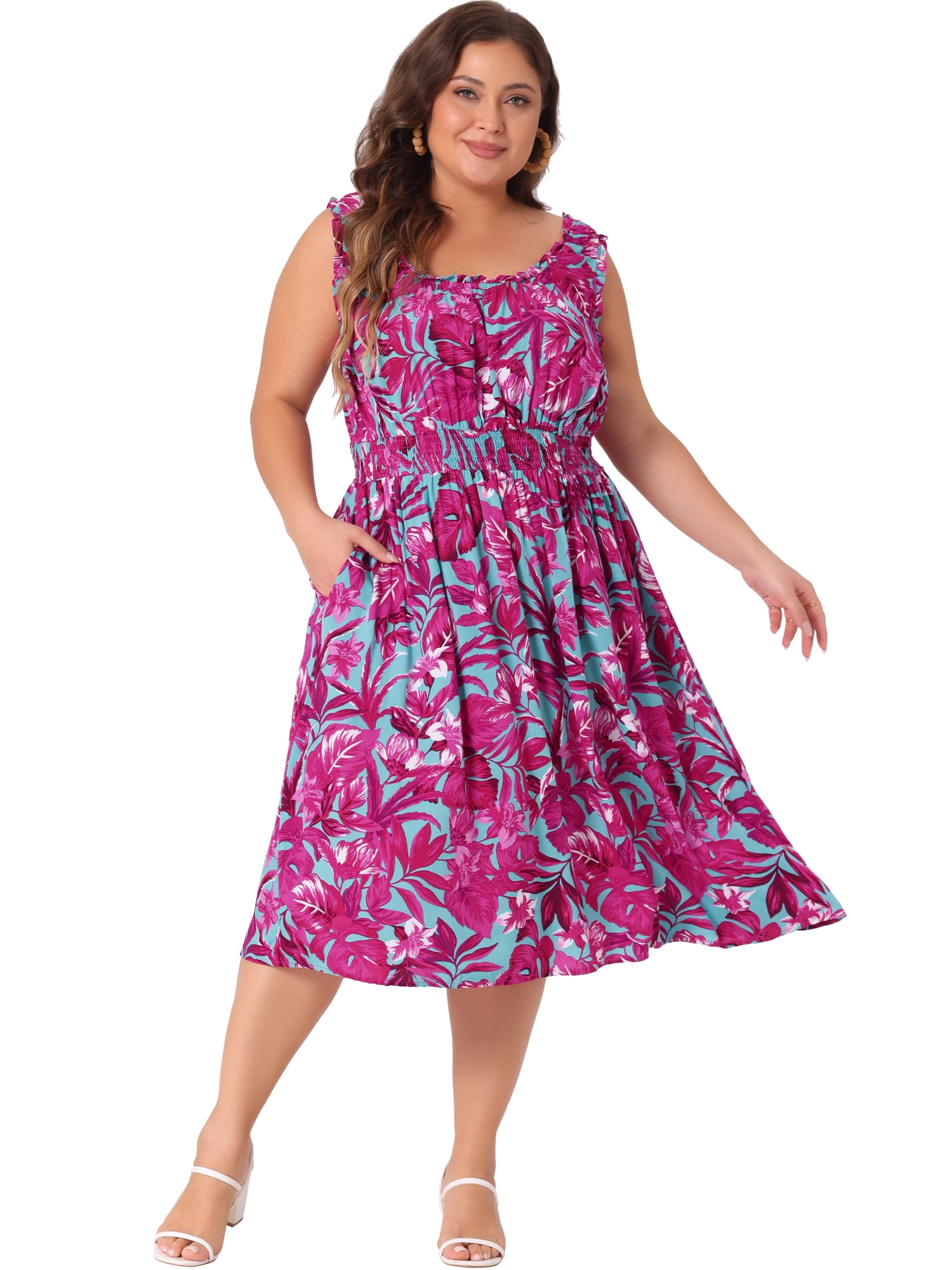 DARING DIVA Plus Size Square Neck Sleeveless Floral Flowy Midi Dress 3X Hot Pink