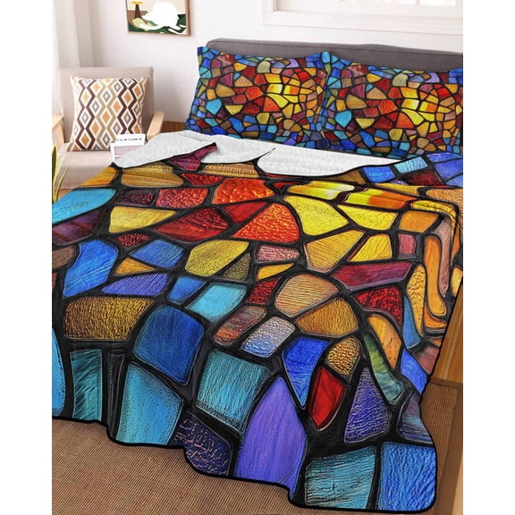 Blue Red Yellow Full Size Down Alternative Comforter, Lightweight Comforter Quilt Bedding Set with Pillow Shams Modern Colored Rainbow Stained Glass All Seasons Bed Comforter Duvet Insert 78"x90"