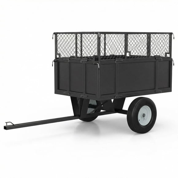 Heavy Duty 750 Lbs Utility Trailer, ATV Dump Cart with 17 Cu.Ft, Garden Cart with Foldable Mesh Fence, Quick-Dump Pull-Behind Yard Cart for Lawn Mower, Tractor & Yard Work