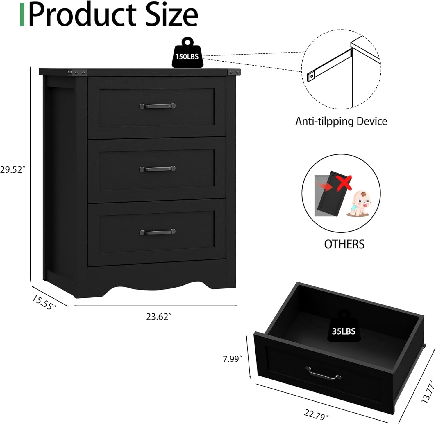 FANRAL 3 Drawers Dresser for Bedroom,Small Bedside Table,Narrow End Table Storage Cabinet,Wood Dresser