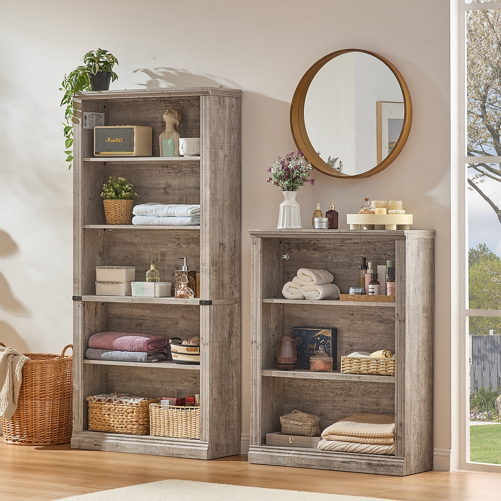Buildhom 2pc 70" Tall Farmhouse Bookshelf, 5-Tier Solid Wood Bookcase with Adjustable Shelves for Living Room & Office, Grey