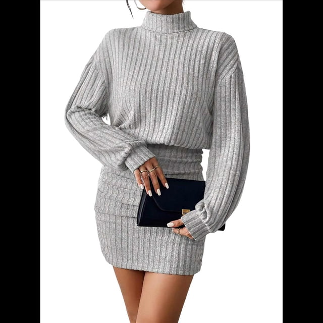 Vestido Tipo Jersey de Larga con Cuello Alto, Rayas, Ajustado, para Mujer, Otoño e Invierno, Falda Corta Gris L