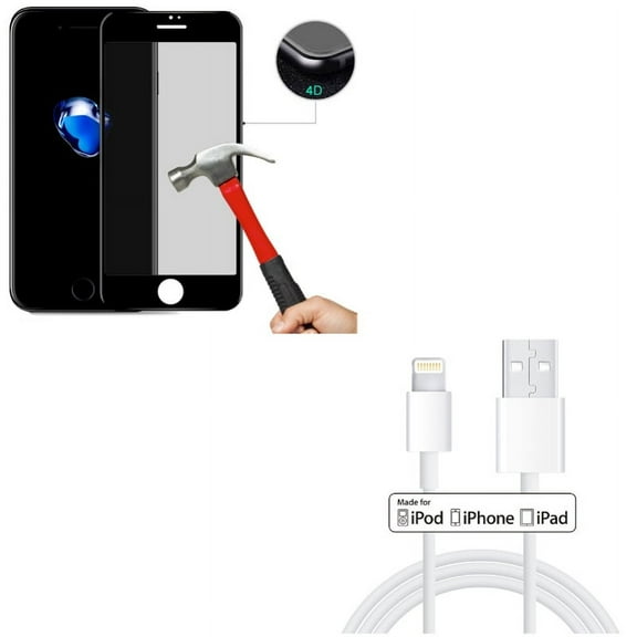 iPhone 8/7/6S/6 - Tempered Glass Privacy Screen Protector w 3ft MFi USB Cable - Curved Anti-Spy Anti-Peep 4D Edge Case Friendly, Certified Charger Cord Power Wire Fast Charge for iPhone 8/7/6S/6