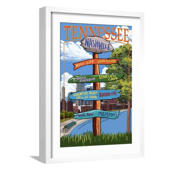 Art.com Nashville, Tennessee - Sign Destinations Art Print by Lantern Press, White Frame Wall Art, 17" x 23"