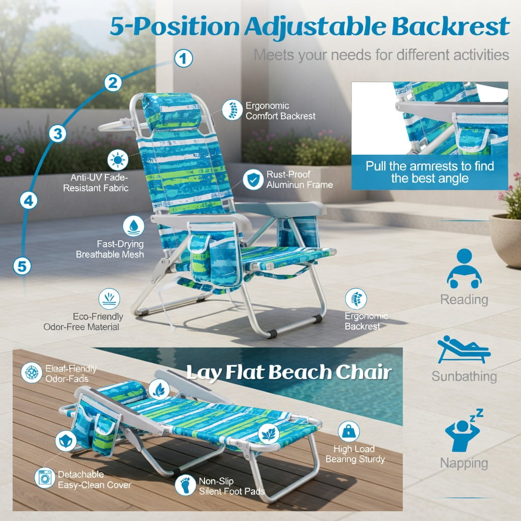 Hommoo 2-Pack Foldable Beach Chair with Adjustable Backrest, Cup Holder & Storage Pockets, Lightweight Aluminum Frame, Waterproof 600D Oxford Fabric, Green
