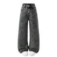 thumbnail image 3 of Babcutegg Women's High-Waisted Wide-Leg Denim Pants Solid-Color Stretch Cotton Blend Straight-Cut Jeans with Slanted Pockets and Relaxed Fit Dark Gray Size 10-11, 3 of 9