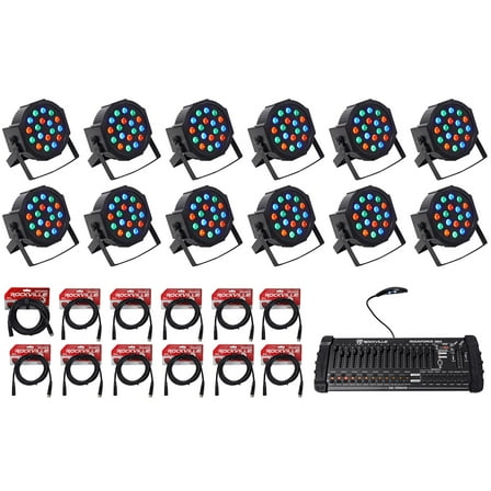 12) Rockville RockPAR50 Par Can DJ/Club Wash Lights 384 Ch DMX Controller Cables
