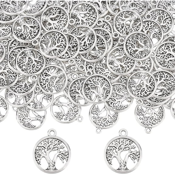 1 Box 100 Pcs Tree of Life Charms Bulk Tibetan Style Alloy Flat Round Pendants for Jewelry Making Charms DIY Craft Dangle Necklace Bracelet Earrings Accessories Supplies Findings Silver
