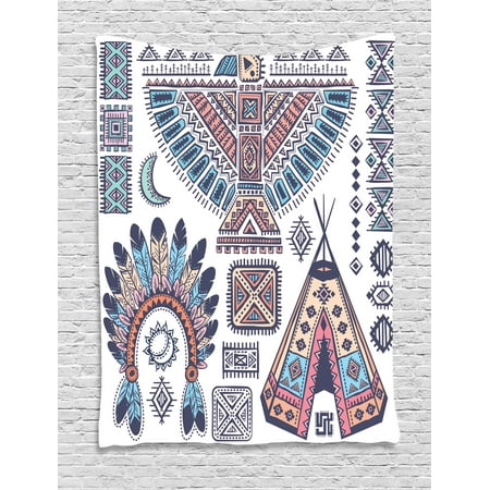 E40 Peach - Tribal Tapestry, Ethnic Teepee Tents Eagle Symbol Moon Sun and Feather Chief Hat Print, Wall Hanging for Bedroom Living Room Dorm Decor, Coral Blue and Peach, by Ambesonne
