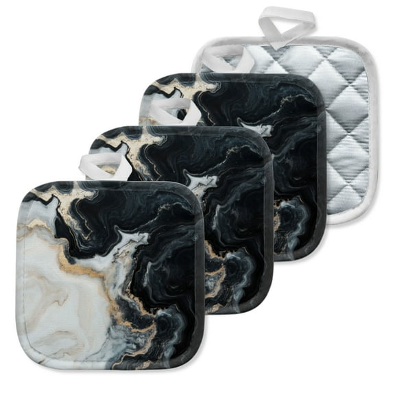 4 Pack Pot Holders,Kitchen Essential, Potholder Set,Abstract Fluid Painting In Black, White And Gold