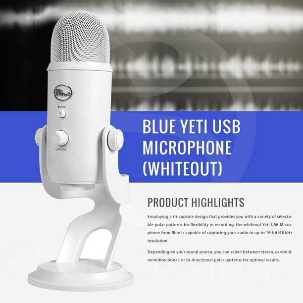 Microphone USB Blue Yeti (Whiteout) avec casque de studio et pack