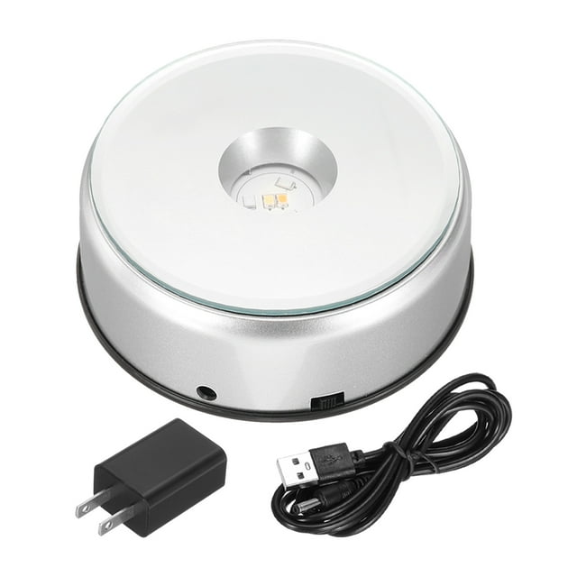 Unique Bargains 3.5"x3.9" Cup Display Spinner Stand, Colorful 360 Degree Rotating LED Light Display Base, Silver Tone