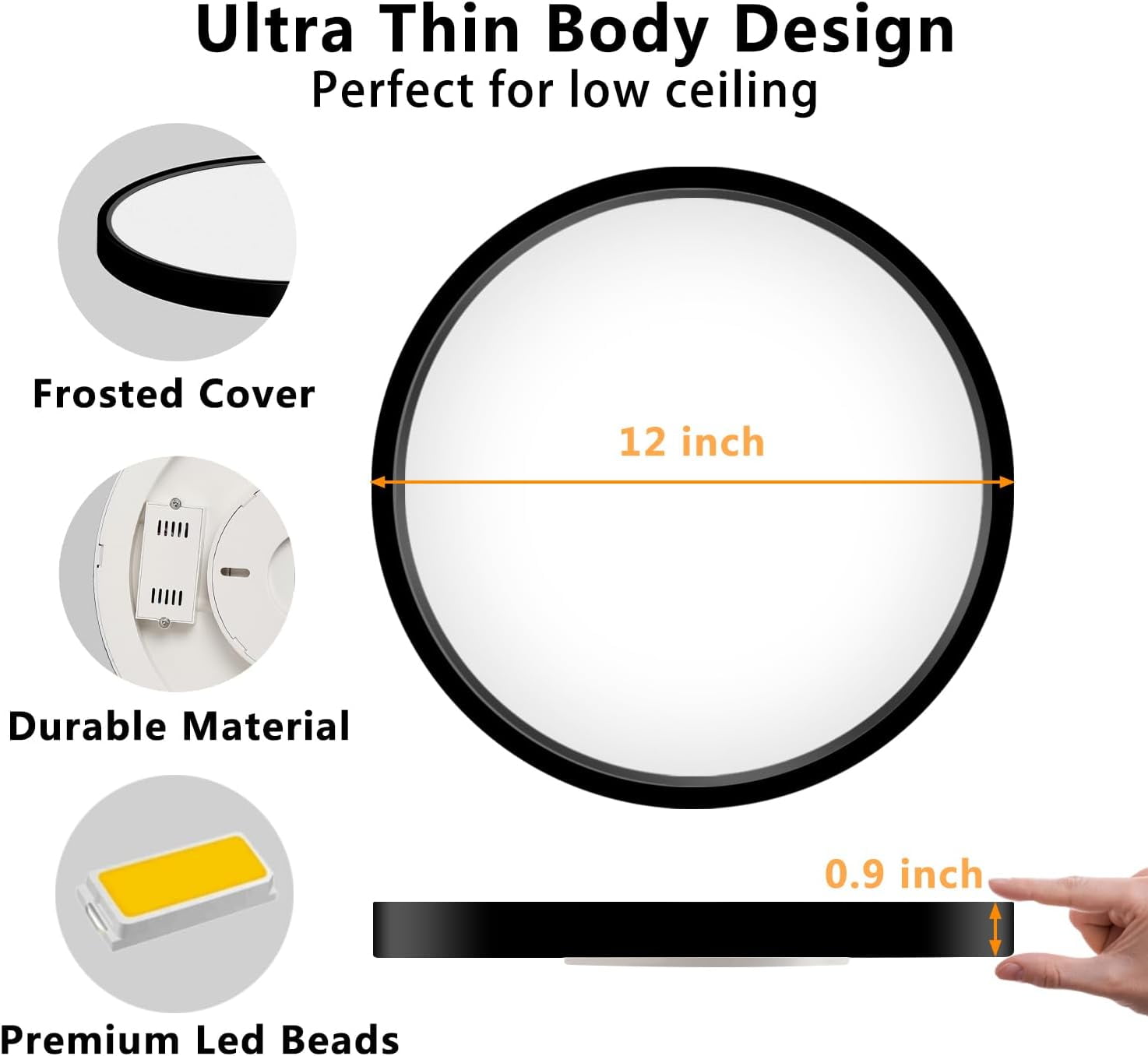 12 inch LED Flush Mount Ceiling Light, 24W 5000K 2300LM Ultra Thin Panel Light, Low Profile Surface Mount Fixture for Bedroom Kitchen Bathroom Garage Living Room Lighting