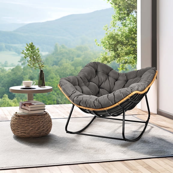 YOEEMZ Wicker Egg-Shaped Rocking Chair with Thick Cushion, Indoor/Outdoor Patio Papasan Chair for Balcony, Garden, or Living Room – Grey