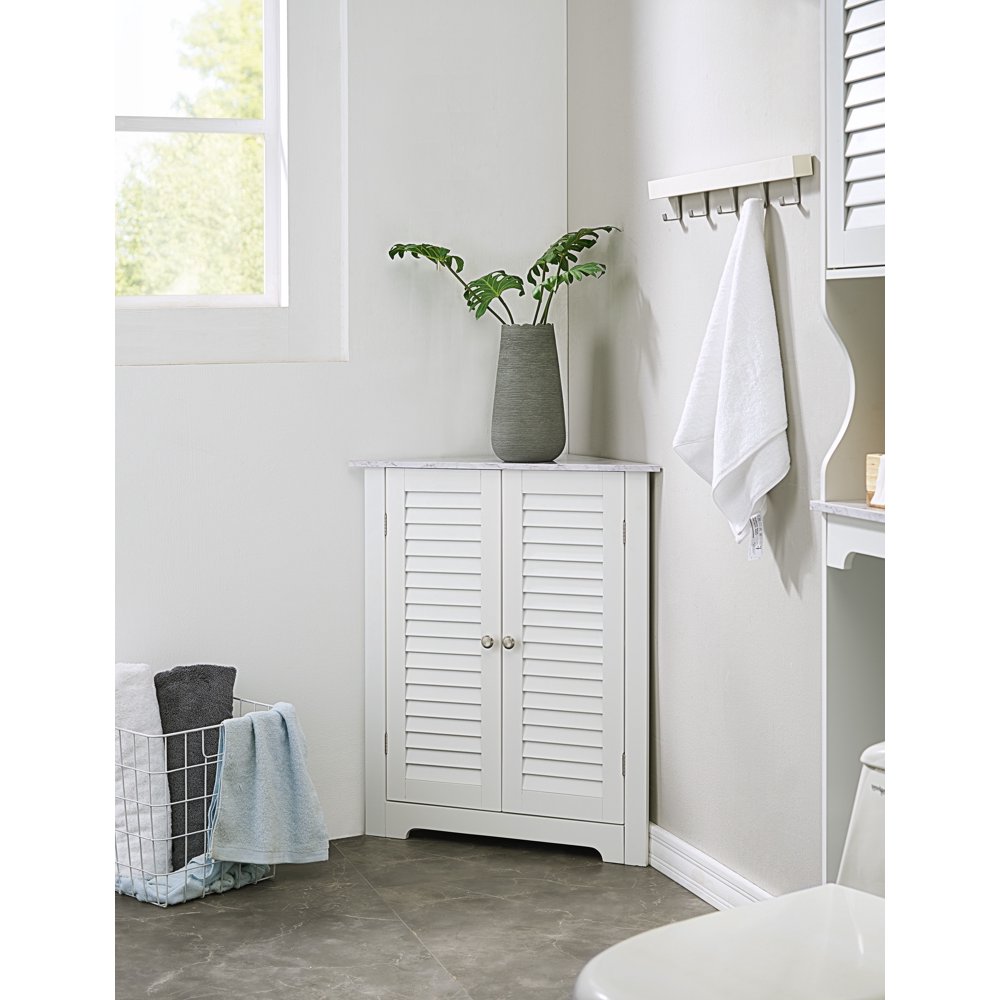 Trevita Corner Bathroom Storage Floor Organizer With Adjustable Shelf, White & Marble