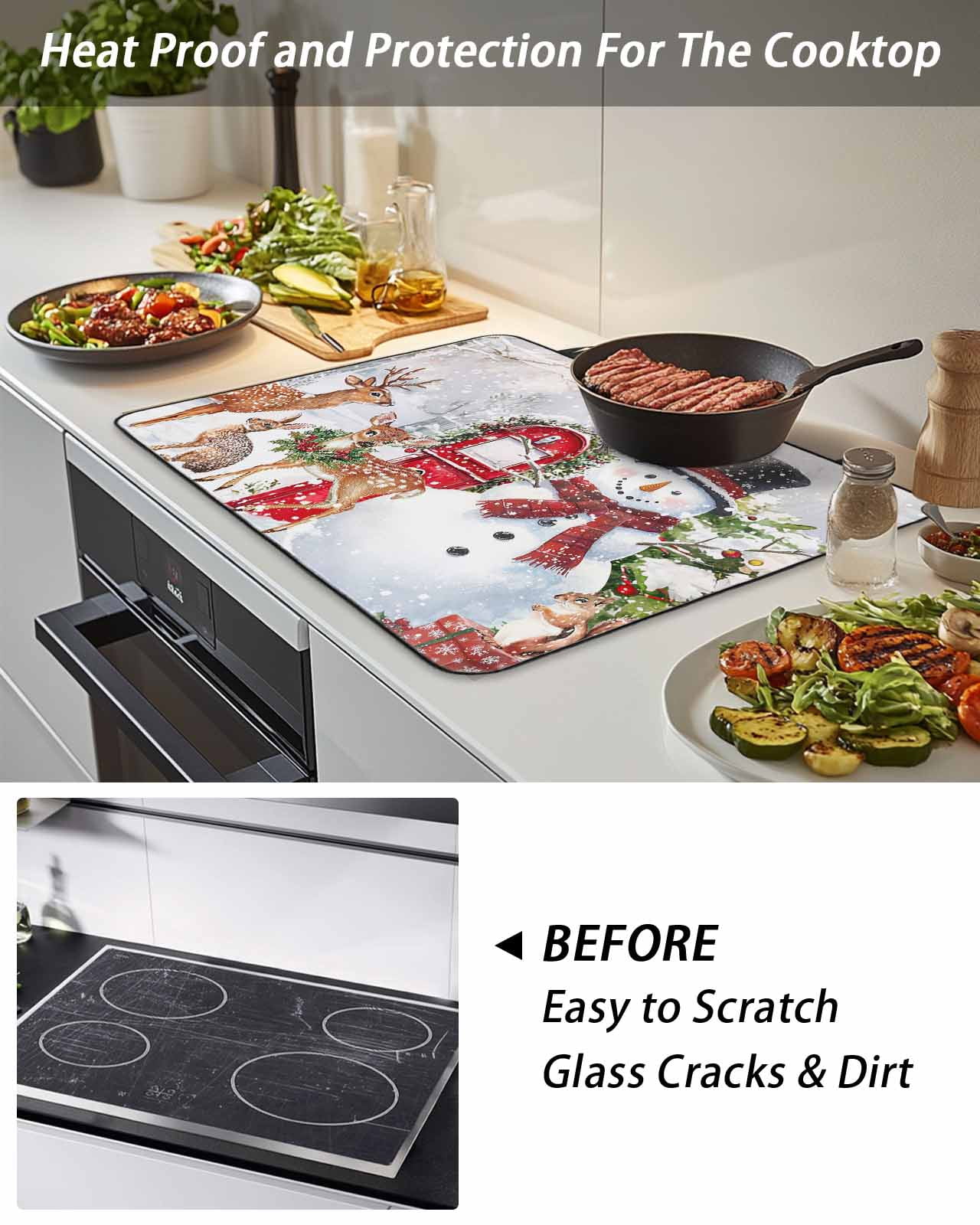 Christmas Xmas Stove Top Covers for Electric Stove, 28'x20'' Tree Snowman Deer Bird Red Balls Glass Ceramic Stove Cover Foldable Rubber Mat Heat Resistant Cooktop Protector for Kitchen