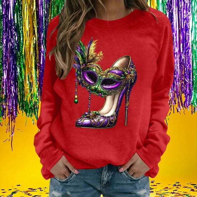 Xuyuer Women's Carnival Printed Long Sleeved Round Neck Mardi Gras Sweatshirt Carnival Outfits Women Carnival Sweatshirts Fat Tuesday Fashionable Pullover Tops