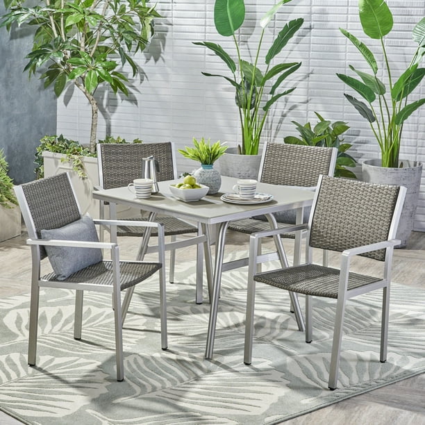 Harrison Outdoor 5 Piece Aluminum And Wicker Dining Set Grey Silver Com Piece Aluminum And Wicker Dining Set, Harrison Outdoor Furniture
