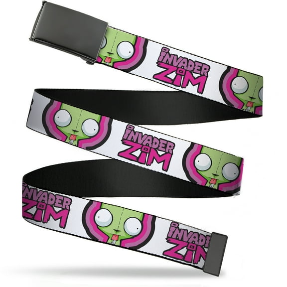 Adjustable Belt, Clamp Buckle, Cut-to-Fit, Invader Zim Title Logo and Gir Pose Close Up White Pinks