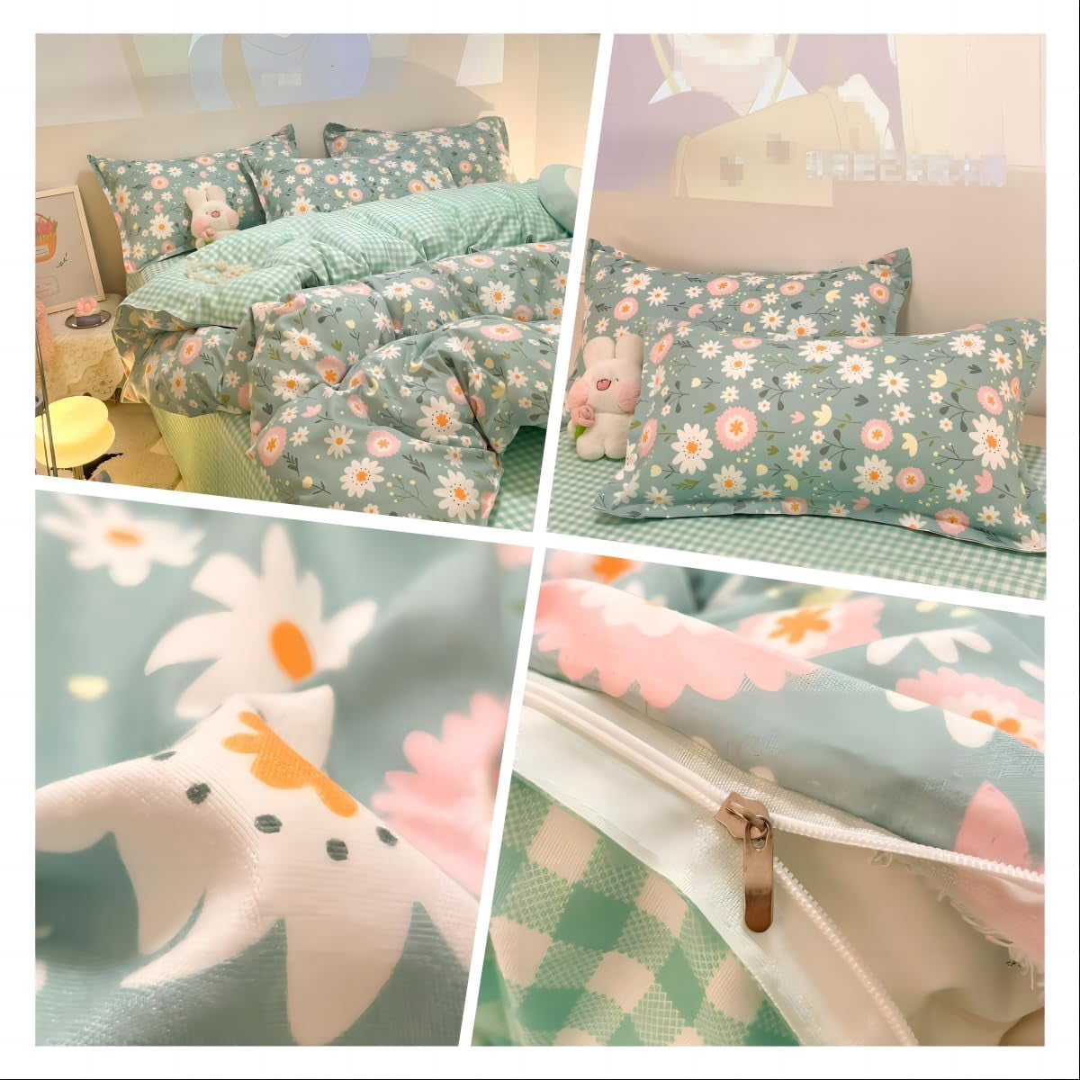 CinYana Sage Green Duvet Cover,Botanical Daisy Floral Duvet Cover Set,3 Pcs Kids Comforter Cover Set,Garden Flower Bedding Set,Soft Reversible for Girls Women Boys