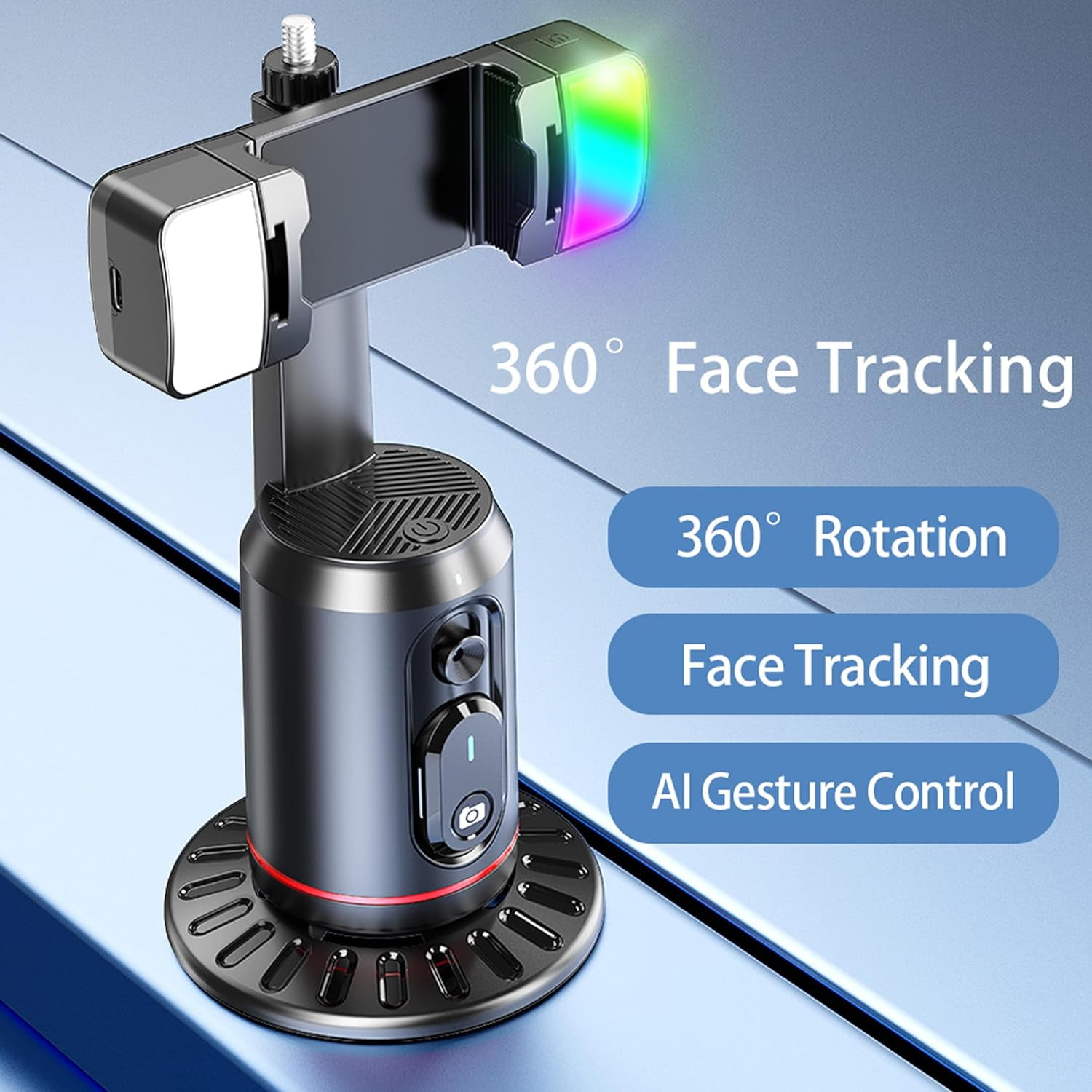 Auto Face Tracking Phone Holder, 360° Rotation Face Body Phone Tripod Smart Shooting Camera Mount with Rechargeable Remote and Light for Live Vlog Streaming Video, Rechargeable