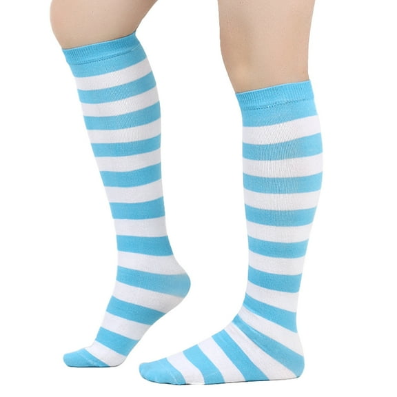 suxuMhao Thick Striped Calf Socks,3 Pairs One Size Fits Most,Soft Polyester-Cotton&Spandex Socks-Ideal as Mid Calf Socks,Knee High Socks,Long Socks,Crew Socks,Light Blue & White for Daily Wear​