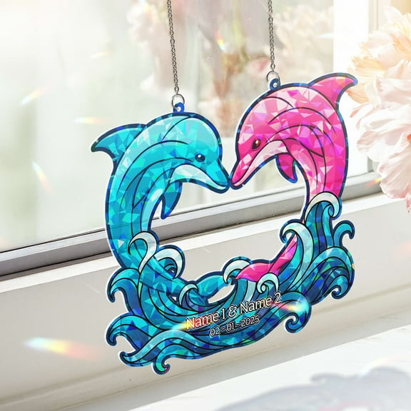 Lotusprinthandmade Dolphin Couple Custom Shape Broken Glass Hologram Ornament 3.5in, Dolphin Couple Decorative Ornament