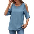 thumbnail image 1 of Camisa de manga corta para mujer, hombros descubiertos, cuello redondo, Color puro, ajuste holgado, blusa informal para mujer para compras diarias, azul grisáceo S, 1 of 6