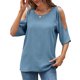 thumbnail image 1 of Camisa de manga corta para mujer, hombros descubiertos, cuello redondo, Color puro, ajuste holgado, blusa informal para mujer para compras diarias, azul grisáceo L, 1 of 6
