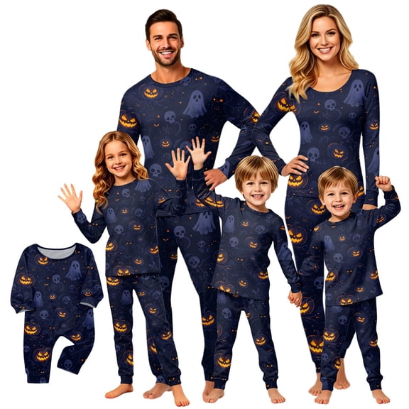 JULMCOMO Halloween Family Matching Pajama Sets Pumpkin Ghost Skull Print Long Sleeve Casual Sleepwear Pjs Halloween Printed Soft Lounge Sets Baby D 6 Months