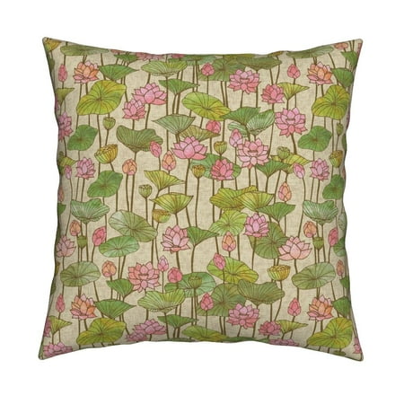 Optional Product Cover - Lotus Lotus Pink Green Vintage Throw Pillow Cover w Optional Insert by Roostery