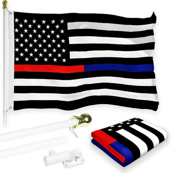 G128 Combo Pack: 6 Feet Tangle Free Spinning Flagpole (White) Thin Blue and Red Line Flag 3x5 ft Printed 150D Brass Grommets (Flag Included) Aluminum Flag Pole