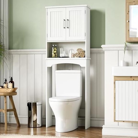 Over The Toilet Storage Cabinet, Double Door Bathroom Storage Organizer with Anti-Tip Device, Small Freestanding Space Saver with Open Shelf, White