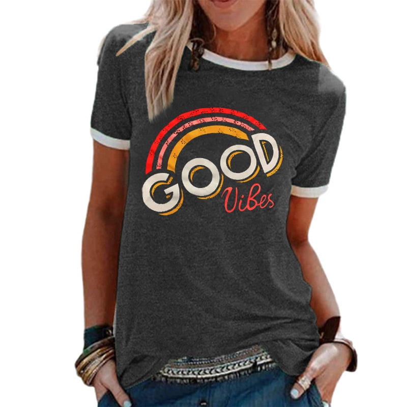 Good Vibes Rainbow Graphic Tees for Women Letter Print Short Sleeve Casual Tops T-Shirt