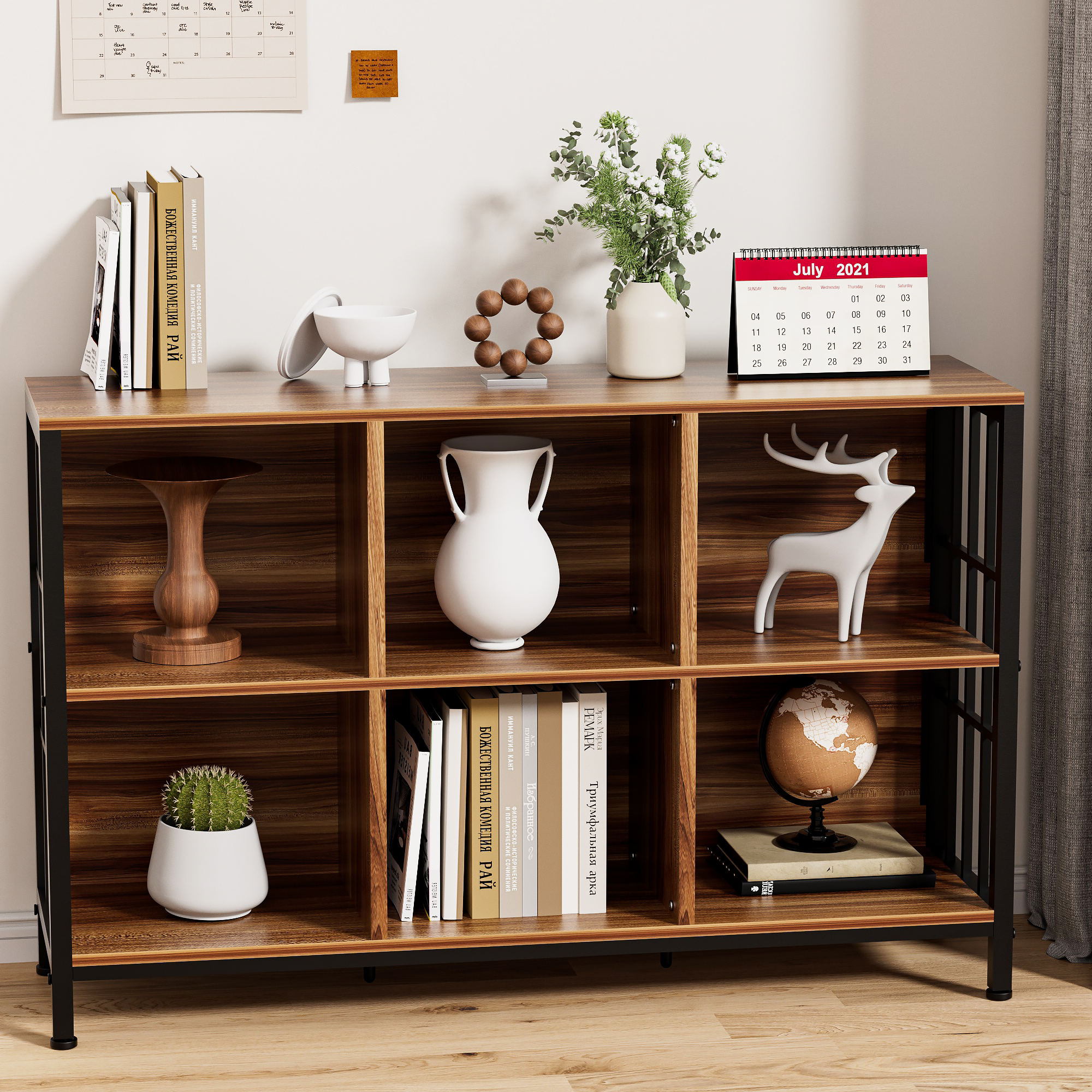 HOHYN Farmhouse 3 Tier Open Book Shelf, Wood and Metal 6 Cube Storage Organizer, Modern Low Horizontal Bookshelf for Bedroom Family, Long Wide Office Cubby Bookcase with Storage, Rustic Brown