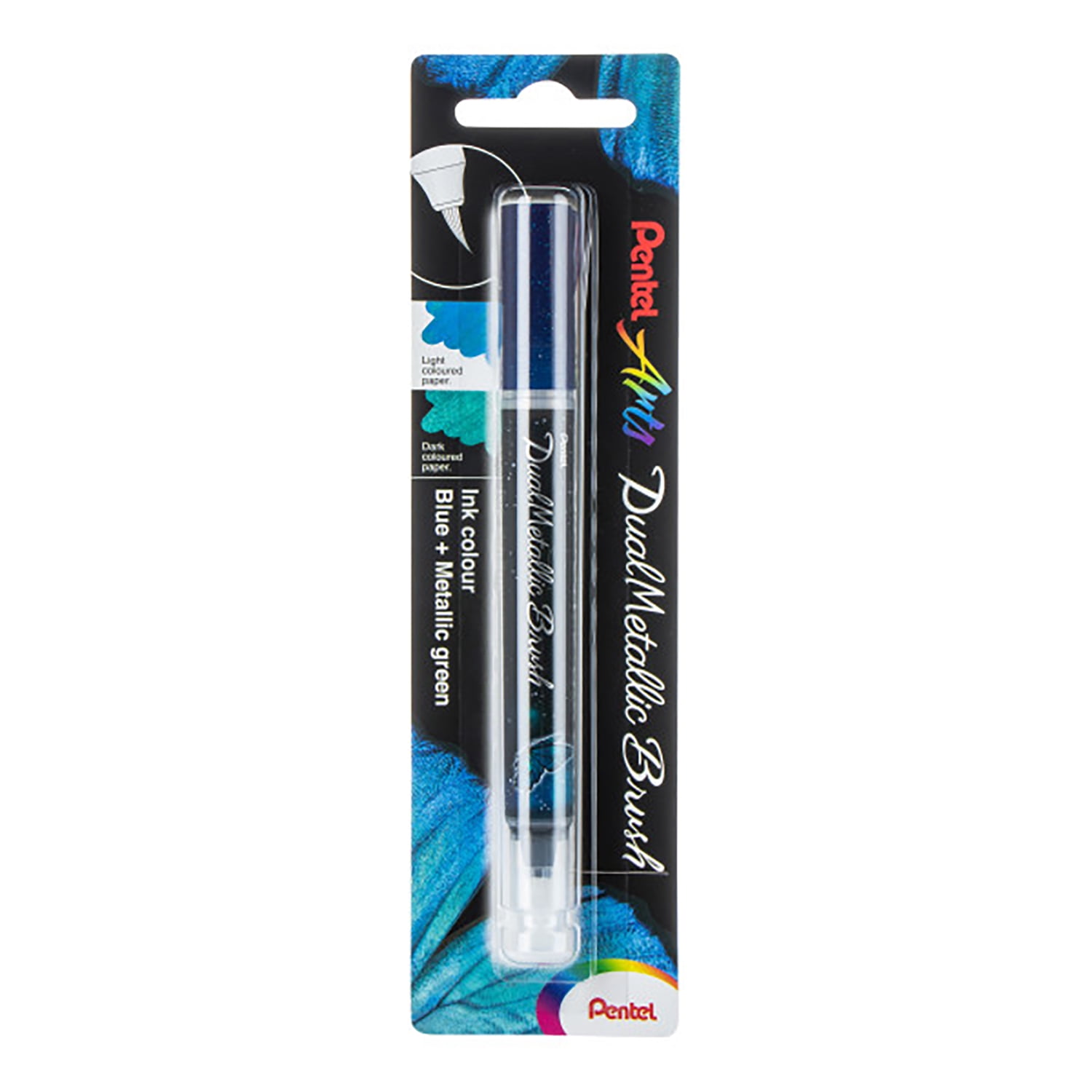 Pentel Arts DualMetallic Brush, Blue/Metallic Green Ink, Pack of 3