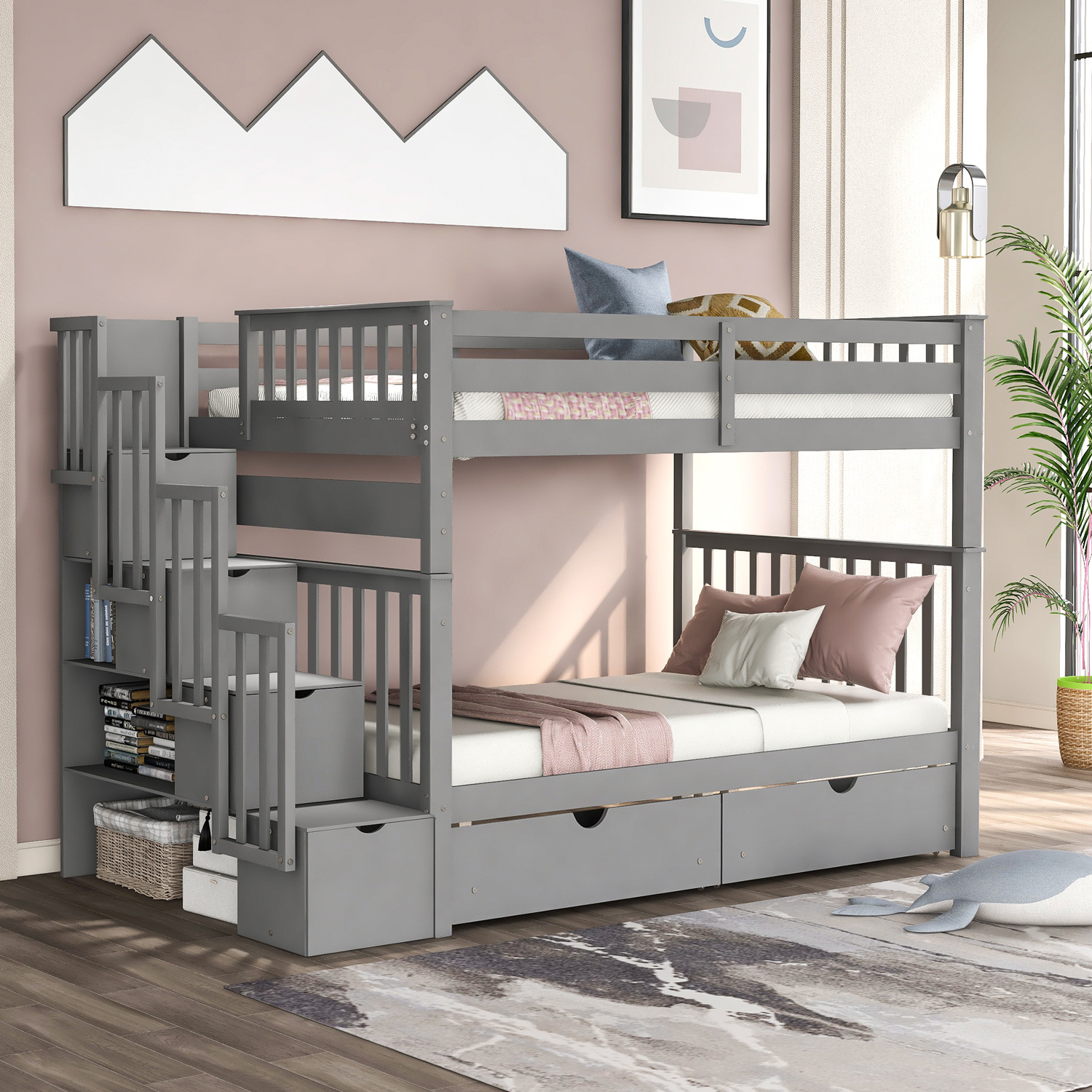 Full Over Full Bunk Bed with Shelves and 6 Storage Drawers, Gray Boys ...