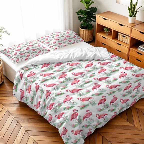 Queen Size 3 Pieces Duvet Cover Sets Summer Pink Flamingo Seamless Bedding Set,Microfiber Soft Comforter Cover with Pillow Shams,Luxury Quilt Covers for Bedroom Decor Green Leaves