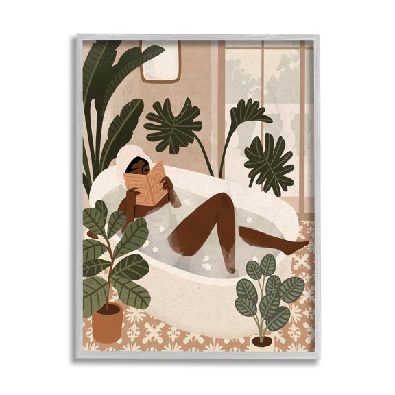 Stupell Industries Female Reading in Bath Tropical Palm Plants Grey Framed, 16 x 20, Design by Victoria Barnes