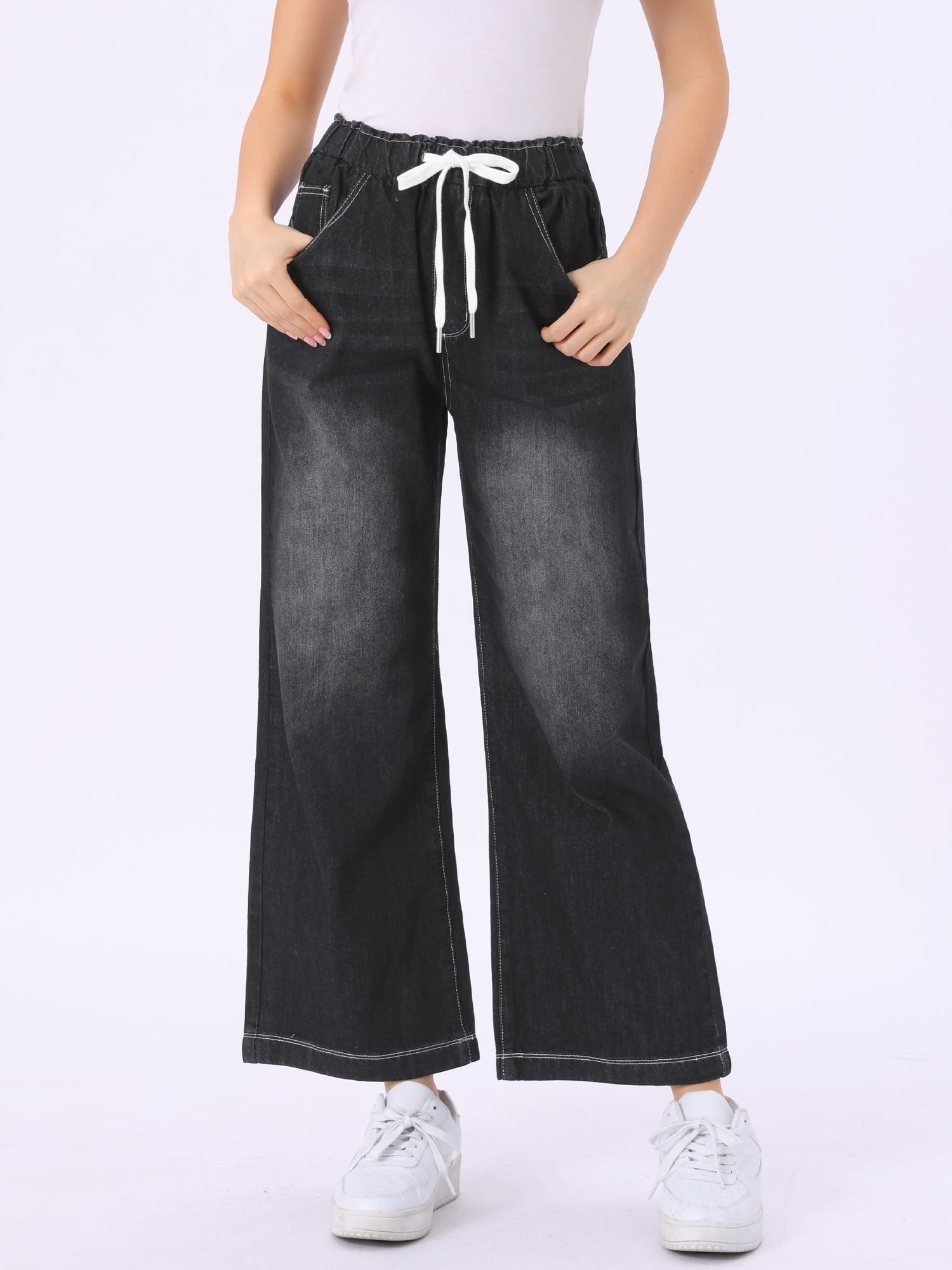 DARING DIVA Women's Trendy Elastic Waist Wide Legs Drawstring Jeans M Black