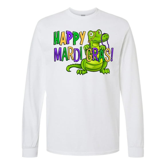 Inktastic Happy Mardi Gras Cute Alligator with Beads Long Sleeve T-Shirt
