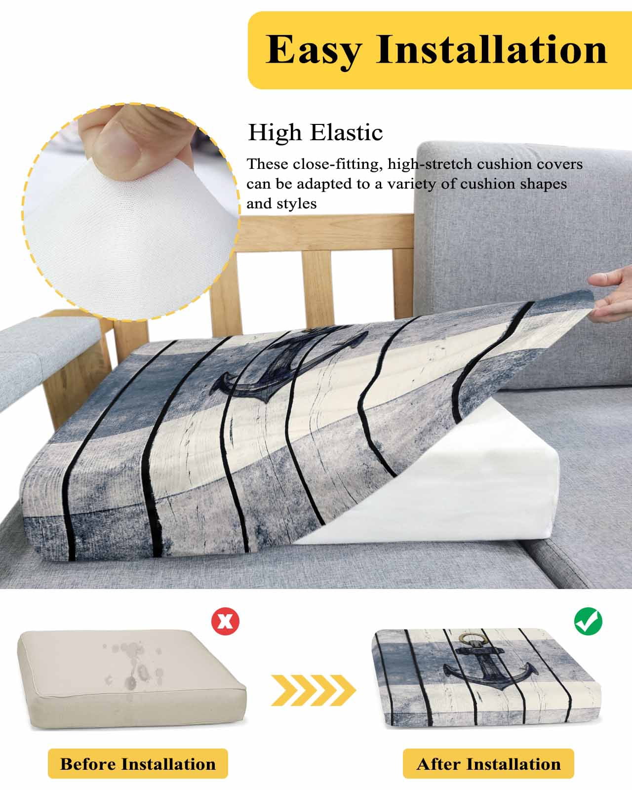 Navy Blue Nautical Couch Cushion Covers, Stretch Seat Cushion Covers for Sectional Sofa, Coastal Blue Striped Vintage Loveseat Sofa&nbsp;Slipcovers Furniture Protector with Elastic&Straps Medium 1Pcs