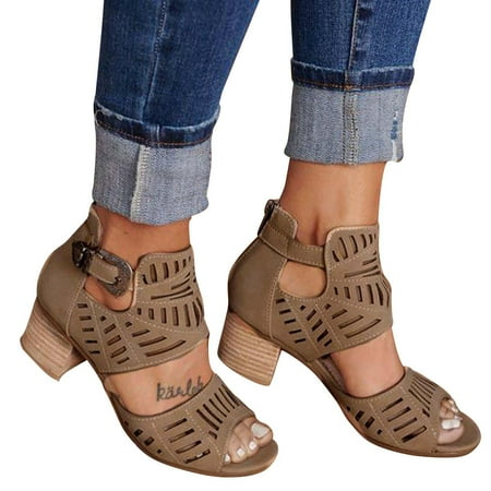 

LoyisViDion Clearance Sandals for Women Hot Rhinestone Hollow Fish Mouth Metal Buckle Back Zipper Thick Heel Sandals Flash Picks Khaki 8.5