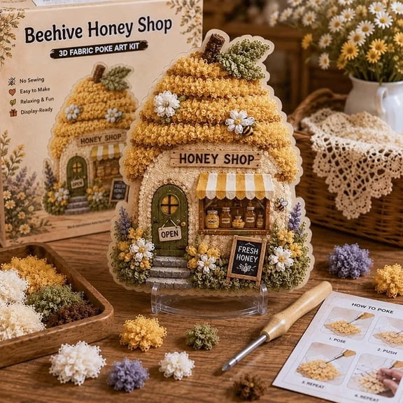 Whimsical Village 3D Fabric Poke Art Kit, Floral Mushroom Cottage, DIY Punch Needle Craft, Mushroom Cottage, Knit Patch Poke Art, No Sew Press Technique, Handmade Hobby for Beginner, Beehive Honey