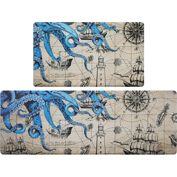 2Pcs Kitchen Mats for Floor, Octopus Kitchen Rugs Non Slip Washable, Ocean Kraken Anti Fatigue Mats for Kitchen Floor, Nautical Standing Floor Mats for Home/Office, 18''''x30'''' 18''''x48''''(Blue)