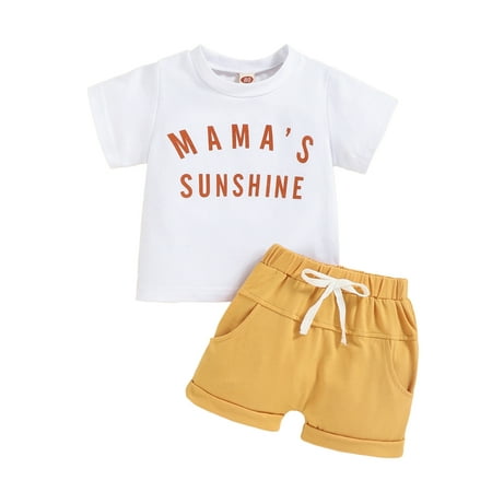 

EYIIYE Baby Boys 2PCS Set Skateboard/ Letter Print Round Neck Short Sleeve T-Shirt Tops and Yellow Shorts 6 Months-3 Years