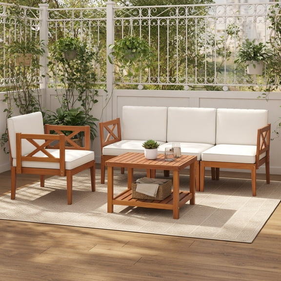 GVN Backyard Furniture Sets,Outdoor Furniture Sets,6 Pieces Acacia Wood Patio Furniture Set with Cushions and 2-Tier Coffee Table-White