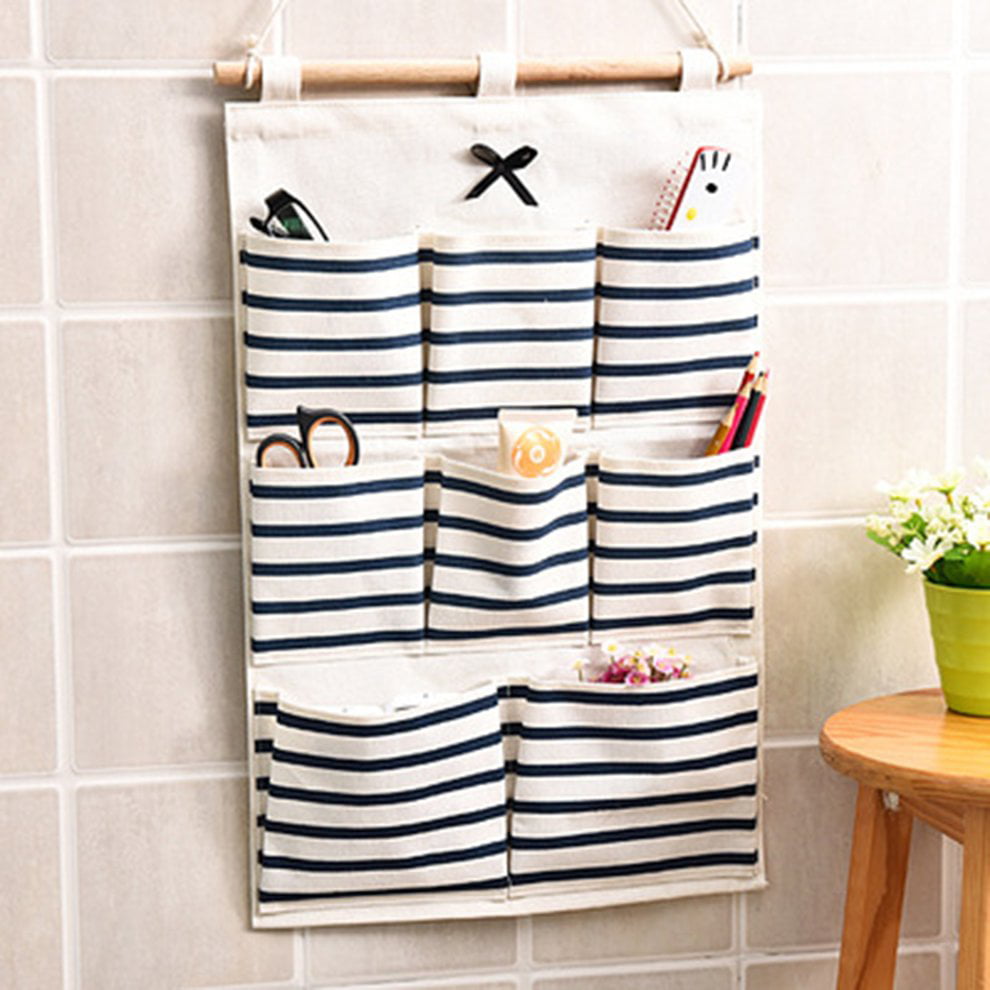 Romirofs Creative Cotton Linen Wall Hanging Storage Bag Fashion Plaid Organizers Pouch Debris Storage Bag for Bedroom Bathroom
