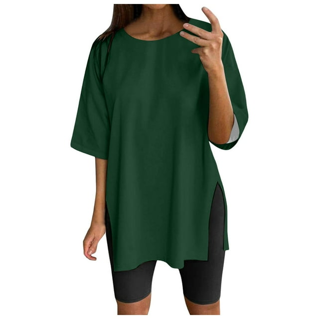 WEIYLL T Shirts for Women Oversize Sports Summer Solid Tunic Loose With Slits Green Tee Sizes XXL